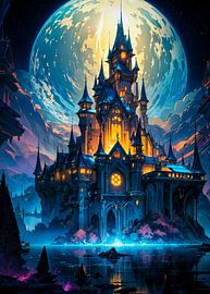 Fantasy Castle With Moon In The Background by Ruzerin