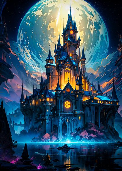 Fantasy Castle With Moon In The Background by Ruzerin