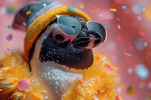 Grappige pinguïn met verjaardagshoed en confetti