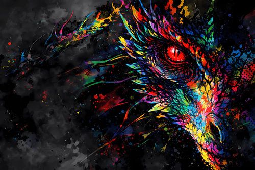 Œil de dragon lumineux dans un style « Neon Splash » – Fresque murale fantastique et abstraite avec un regard rouge sur ButterflyPix