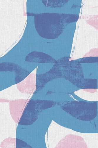 Abstracte vormen en lijnen in pastelkleuren op linnen. Blauw en roze