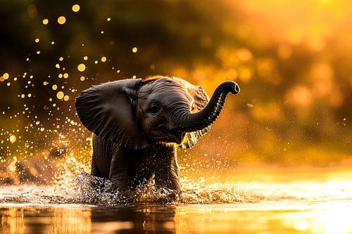 Spetterende babyolifant bij zonsondergang