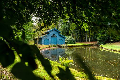 Autumn forest cabin for boats in the woods 