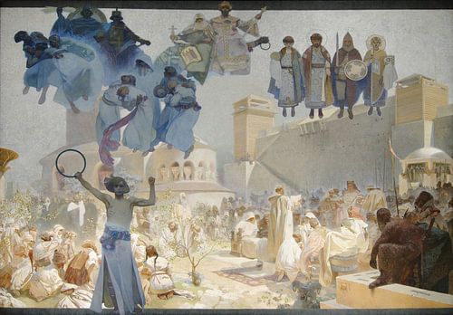 De introductie van de Slavische liturgie: Prijs de Heer in uw moedertaal, Alphonse Mucha.