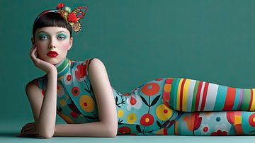 Portrait de mode surréaliste avec motif floral et personnage allongé