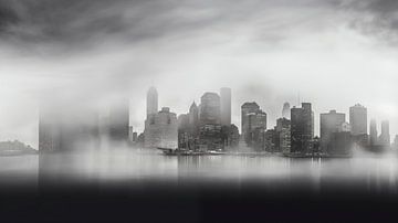 Zwart-wit foto van een stadssilhouet in de mist met wolkenkrabbers New York City van Animaflora PicsStock