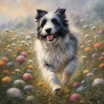 Poolse laaglandherdershond spelend in een bloemenveld 1 van Johanna's Art