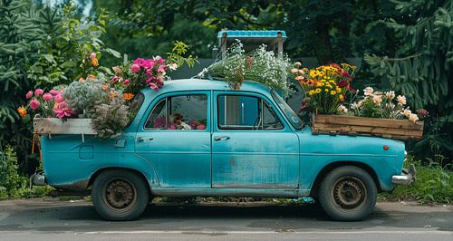 Vintage vintage car buried under a Sea of Flowers