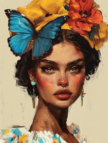 Kleurrijk portret van een jonge vrouw met een blauwe vlinder