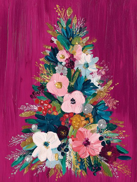 Christmas Tree with Flowers on Pink by Gypsy Galleria