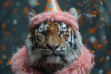 Grappige tijger viert verjaardag met taart en feestmuts van Felix Brönnimann