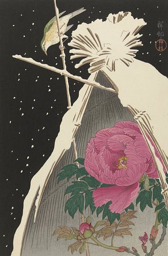 Bluechat sibérien à côté d'une pivoine abritée par une gerbe de foin enneigée de Ohara Koson