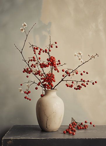 Vase avec baies, beige foncé et rouge sur Danny van Eldik - Perfect Pixel Design