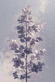 Moderner Kunstdruck mit botanischem Eichenblatt-Motiv, Wanddekoration mit Laub in gedämpften Silber- und Violetttönen, minimalistische Blumenillustration, ästhetisches Pflanzenposter in dunklem Blau für das Wohnzimmer von VICTOR S