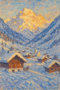 Goldene Morgendämmerung über den verschneiten Alpen - Claude Monet-inspiriertes impressionistisches Gemälde