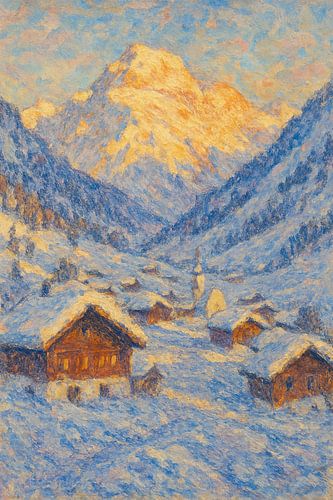Gouden dageraad boven besneeuwde Alpen - op Claude Monet geïnspireerd impressionistisch schilderij