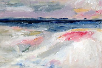 Zeegezicht met pastel golven en blauwe horizon. Modern abstract schilderij van Dina Dankers