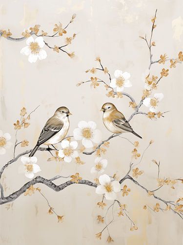 Oiseaux sur la branche fleurie sur Caroline Guerain