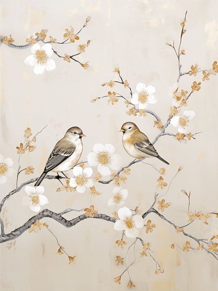 Oiseaux sur la branche fleurie par Caroline Guerain