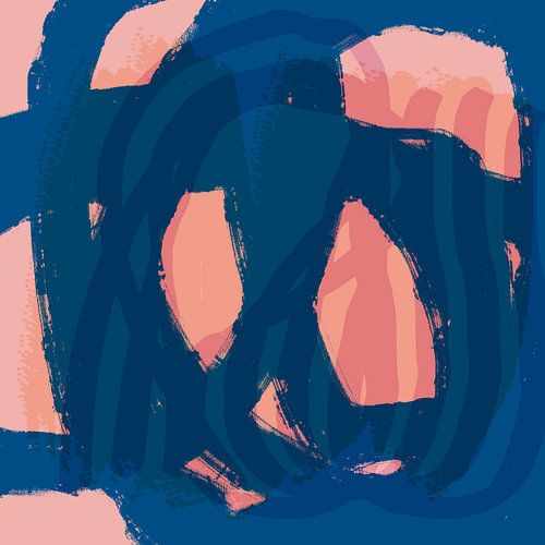 Dromenland. Landschap in pasteltinten. Moderne abstracte kunst in donkerblauw en perzikroze