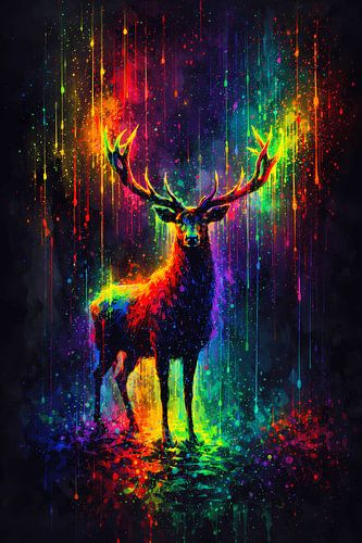 Majestueuze hert in een regen van kleurrijke neonkleuren – Abstract popartportret