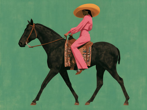 Cowgirl auf einem schwarzen Pferd