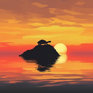 Silhouette de tortue au coucher du soleil sur un rocher Minimalisme sur TheXclusive Art