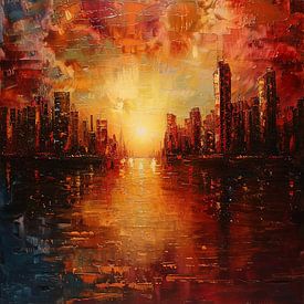 Impressionismus Stadt mit Sonnenuntergang von Natasja Haandrikman