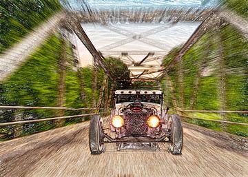 Digital sketch of an old American car on a bridge. by Humphry Jacobs