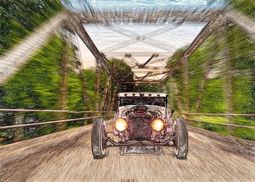 Digitale Skizze eines alten amerikanischen Autos auf einer Brücke. von Humphry Jacobs