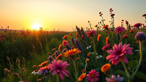 Sunbeams shining down on the sea of flowers