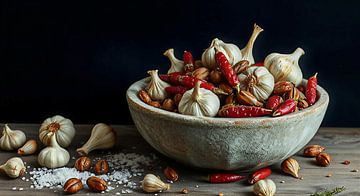 A still life of spices in old bowl. by J.a Dijkstra