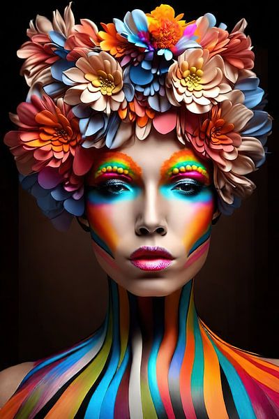 Vrouw met heldere make-up en bloemenkroon van Laly Laura