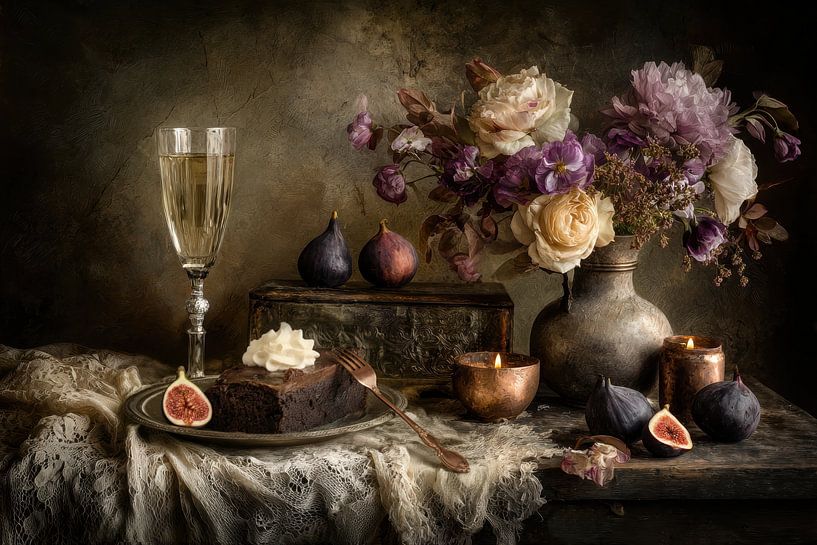 Chocolate Cake and Figs - Mysterious Elegant Still Life by Joriali photography and paintings