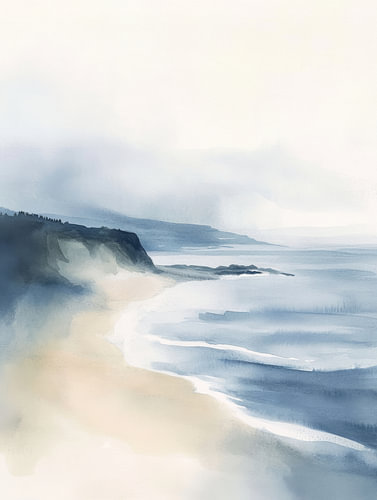 Küstenlandschaft im blauen Nebel als beruhigendes Aquarell