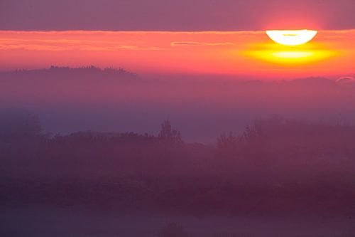 Lever de soleil sur les dunes avec le brouillard