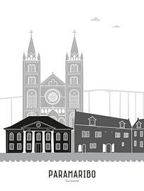 Skyline illustration city of Paramaribo, Suriname in black-and-white-grey by Mevrouw Emmer