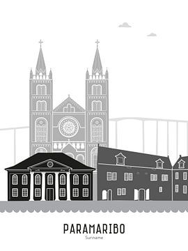 Skyline illustratie stad Paramaribo, Suriname in zwart-wit-grijs van Mevrouw Emmer