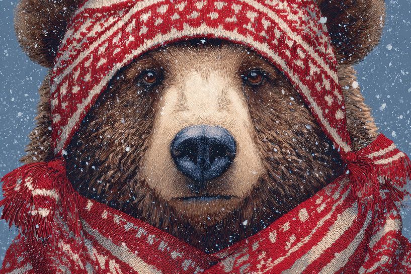 Bear with Knitted Hat Winter Portrait in Detail by Eva Lee