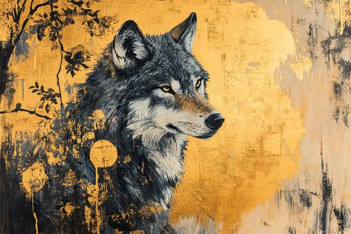 Wolf schilderij met gouden details en diepe uitstraling