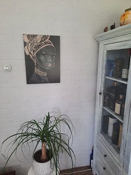 Customer photo: African woman, beautiful pastel drawing in black, white and gold by Bianca ter Riet