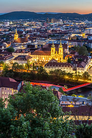 Church of Mariahilf and Murinsel in Graz in the evening by Melanie Viola