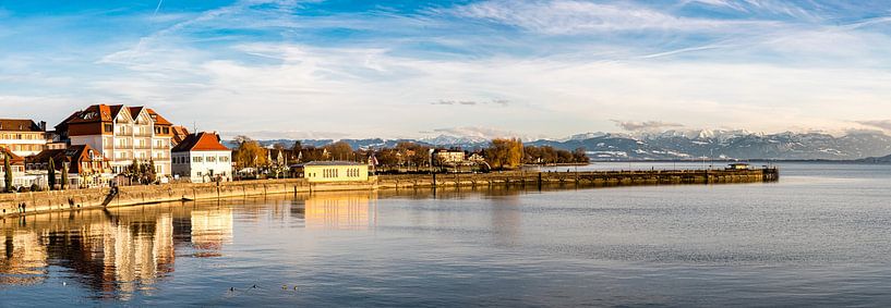 Panorama Reflectie Langenargen in Bodensee en Zwitserse Alpen in Winter Duitsland van Dieter Walther
