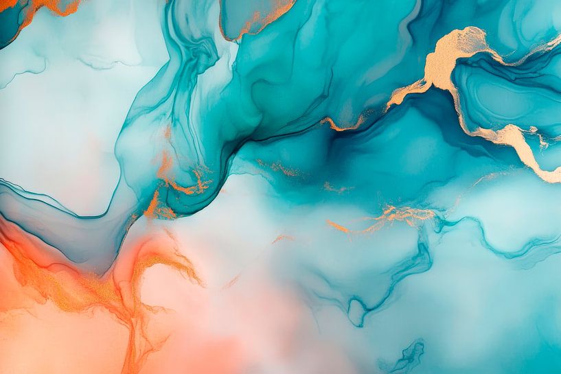 Abstrakte Aquarellfarben in Blau-Orange von Poster Art Shop