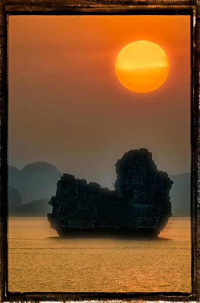 A large sun setting behind a large cliff. by Karl Andrén