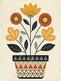 Scandinavian Folk Art Inspired Floral Pot Illustration | Retro Mid-Century Modern Boho Flower Plant Wall Decor by Artistic