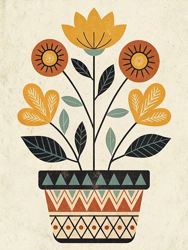 Scandinavian Folk Art Inspired Floral Pot Illustration | Retro Mid-Century Modern Boho Flower Plant Wall Decor