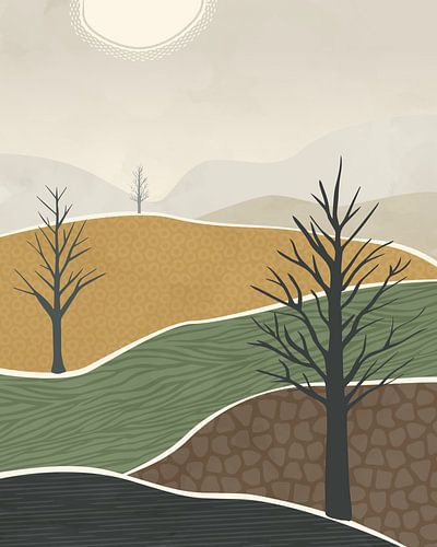 Three trees in autumn minimalist landscape