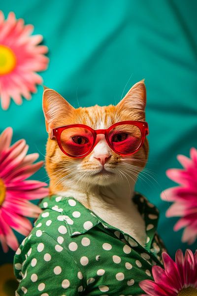 Chat stylé avec lunettes de soleil et fleurs par Poster Art Shop