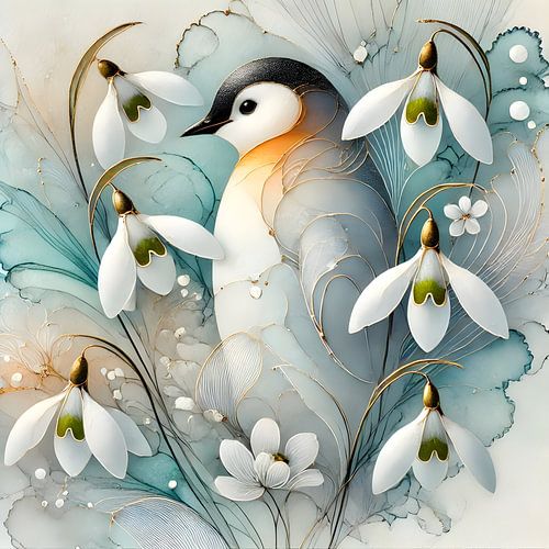 Winter Watch - Penguin and Snowdrop Art
